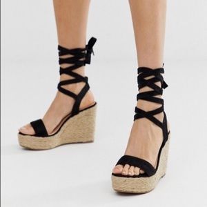Black ankle tie espadrilles wedges